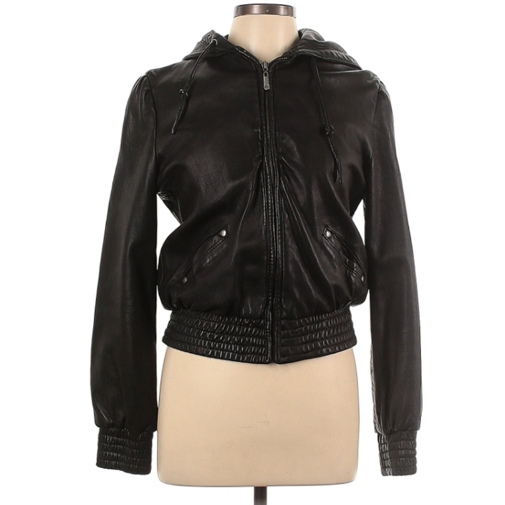 Michael Kors Black Leather Hooded Jacket Large